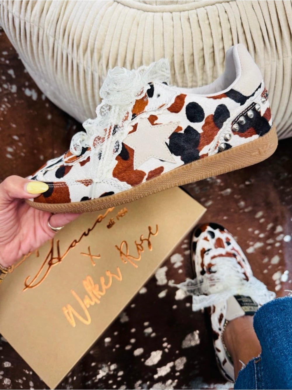 *Rare* Vintage Havana Custom Cow Print Mix Boho Rodeo Studed Sneaker